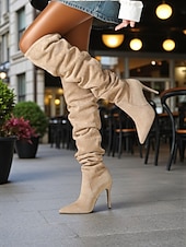 abordables Bottes souples-Bottes hautes pour femmes, style jambe large, convertibles au-dessus du genou, bottes à talon aiguille à bout pointu en daim pour des tenues de mode décontractées urbaines