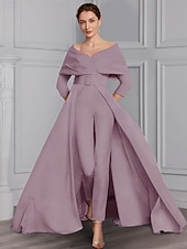billige Mammas jumpsuits-Jumpsuit Mor til Bruden Formell Bryllupsgjest Elegant Fest Skjort Utringning Off Shoulder Ankellang Stretch Stoff 3/4 Lengde Ermer med Belte  Bånd