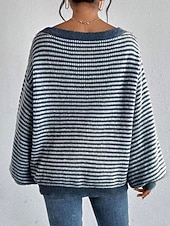 preiswerte Grafische Muster und Details-Damen Pullover Lässig Weich Gestreift Gerippt U-Boot-Ausschnitt Gestrickt Langarm Normale Oberteile Stricken Outdoor Täglich Wochenende Schwarz Rote Herbst Winter