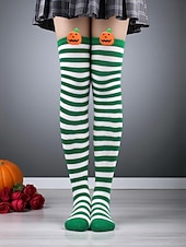 tanie Akcesoria Halloween-Damskie skarpetki za kolano na Halloween - bawełniane, długie pończochy w paski z uroczym wzorem dyni, zabawne i wygodne, nowatorskie pończochy na imprezy kostiumowe, cosplay i wydarzenia świąteczne