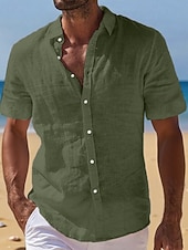  Men's Linen Shirt Summer Shirt Beach Wear Button Up Shirt Plain Vacation Curise Black White Light Green Pink Short Sleeve Turndown Summer Clothing Apparel