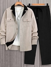 Men's Lightweight Jacket Shirt Jacket Casual Jacket Set Vacation Daily Breathable Pocket 2 Piece Spring Fall Plain Fashion Classic Lapel Regular Khaki Jacket4