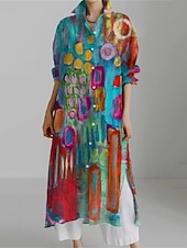 preiswerte Blusenkleider-Damen Langes Kleid Maxikleid Hemdblusenkleid Freizeitkleid Druckkleid Mode Modern Täglich Wochenende Normale Passform Grafik Langarm Hemdkragen Schwarz Rosa Rote Blau Frühling Herbst