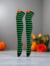 tanie Akcesoria Halloween-Damskie skarpetki za kolano na Halloween - bawełniane, długie pończochy w paski z uroczym wzorem dyni, zabawne i wygodne, nowatorskie pończochy na imprezy kostiumowe, cosplay i wydarzenia świąteczne