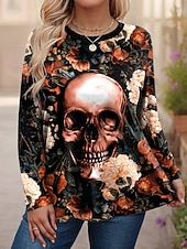 levne Halloweenské topy-Dámské topy plus size s potiskem lebek, dlouhý rukáv, kulatý výstřih, ležérní, denní, polyester, podzim, zima, černá, bílá