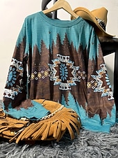 abordables Tops Boho-Mujer Sudadera Retazos Estampado Graphic Geométrico Tribal Cálido Activo Vintage Manga Larga Cuello Barco Tops regulares Casual Calle Uso Diario Verde Trébol Caqui Gris Primavera Otoño Invierno
