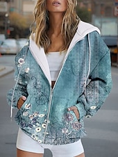 baratos Tops Florais-Mulheres Moletom com zíper Floral Gráfico Moda Casual Manga Longa Com Capuz Tops regulares Rua Dia a Dia Zíper Bolsos Imprimir Azul Roxo Verde Primavera Outono