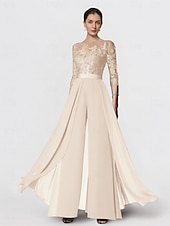 olcso Anya kombinéi-Overál Anyósruha Formális Esküvői Vendég Elegáns Parti Kerek nyakú Csonk Hosszú Chiffon Csipke 3/4 Hosszú Ujjú Rátétekkel