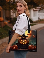tanie Torby-damska torba na Halloween z motywem dyni i nawiedzonego domu — duża, wielokrotnego użytku torba na zakupy z kieszenią na zamek i wytrzymałymi uchwytami, w stylu gotyckim, idealna na „cukierek albo psikus”, imprezy kostiumowe i do codziennego użytku