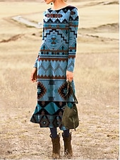 Women's Midi Dress Sheath Dress T Shirt Dress Tee Dress Vacation Casual Boho Daily Holiday Date Regular Fit Graphic Long Sleeve Crew Neck Blue Fall4