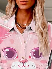 cheap Animals Tops-Women&#039;s Shirt Cat Active Daily Stylish Long Sleeve Shirt Collar Regular Tops Daily Holiday Buttons Print Pink Summer Spring Fall