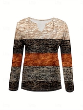 abordables T-shirt rayé et géométrique-Femmes T-shirt Graphique Géométrique Rayé ancien Élégant Classique manche longue Col en V Encolure en V Hauts Réguliers Quotidien Week-end Imprimé Marron Printemps Automne Hiver