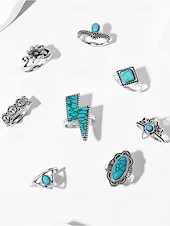 Women's Turquoise Ring Set - Multi-Piece Set of Vintage Bohemian Alloy Jewelry for Women's Holidays, Beach Vacations and Everyday Wear cheap Women's Rings-Women's Turquoise Ring Set - Multi-Piece Set of Vintage Bohemian Alloy Jewelry for Women's Holidays, Beach Vacations and Everyday Wear