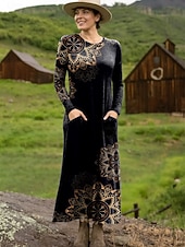 preiswerte Boho Kleid-Damen Maxikleid Etui-Kleid T-Shirt-Kleid Urlaub Lässig Boho Ferien Date Normale Passform Grafik Geometrisch Stammes Langarm Rundhalsausschnitt Schwarz Gelb Rote Leicht Braun Frühling Herbst