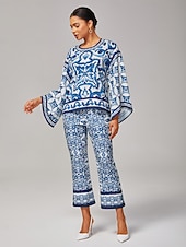  Mujer Camisa casual Arte abstracto Casual Campana Azul cielo Elegante Bohemia Vacaciones Cuello Barco Verano Primavera