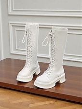 baratos Botas de combate-Botas femininas de couro sintético, cano alto, com cadarço, zíper lateral e sola plataforma grossa, calçado casual urbano
