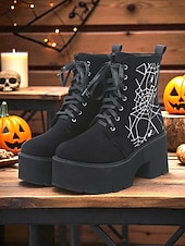 levne Pro ženy-Dámské černé vojenské boty na platformě s výšivkou pavučiny - gotické kotníkové boty se šněrováním a robustním podpatkem na halloweenskou párty, cosplay a večerní zábavu