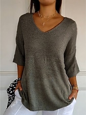 abordables Couleurs unies-Femmes Pull Quotidien Élégant Occasionnel Couleur Unie Côtelé Col en V Tricoté Manche 3/4 Hauts Réguliers Tricoter Extérieur Quotidien Jaune Vert Véronèse Été Printemps