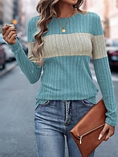 Недорогие Простые блузки-Жен. Вязаная ткань Пуловер Повседневные Стиль На каждый день Контрастных цветов Рельефный узор Вырез под горло Трикотаж Длинный рукав Обычные топы Вязать Повседневные Праздники На выход