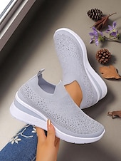preiswerte Damen-Sneaker-Pinke Flyknit-Slip-On-Sneaker mit Strasssteinen für Damen – atmungsaktive, leichte Keilschuhe zum Spazierengehen, für Fitness und den lässigen Alltag