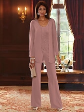 voordelige Broekpakken van mama-Strand Bruiloft Jumpsuit  Pantsuit 3 Delig Moeder van de Bruid Formele Bruiloft Gast Elegante V-Hals Vloerlengte Chiffon Lace Lange Mouw Jas met Applicaties