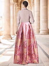 זול אורך רצפה-גזרת A עד הריצפה שמלת אורח לחתונה שמלה רשמית שמלת פלייר שמלה לאם הכלה  חצי שרוול צווארון חולצה אלגנטית בלוק צבע פיצול גבוה חתונה רשמי סאטן עם הדפס פרחוני שסע