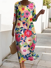billiga Blommig klänning-Kvinnors Maxiklänning Kaftan 3/4 Lång Ärme Crew Neck Avslappnad Shift Klänning A-linjeformat Klänning Klänning Boho Daglig Semester Dejtdress Blommig Grafisk Rosa Röd Blå Fuchsia Vår