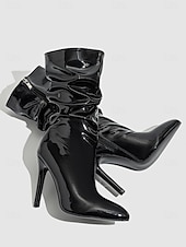 levne Slouch Boots-Dámské červené lakované kotníkové boty na jehlovém podpatku z umělé kůže se zapínáním na zip - stylová obuv na podpatku pro každodenní nošení, do nočních klubů i na diskotéku