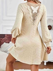 preiswerte abendkleider-Damen Minikleid Spitzenkleid Freizeitkleid Mode Modern Laternenärmel Outdoor Urlaub Ausgehen Normale Passform Einfach Langarm V Ausschnitt Aprikose Herbst
