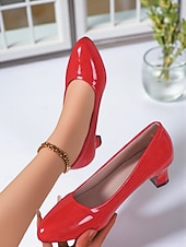 economico Décolleté con kitten heel-Scarpe eleganti da donna in similpelle nera verniciata con tacco medio - classiche décolleté con punta tonda per ufficio, abbigliamento business e chiesa.