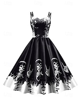 女性用スカルプリントミニドレス Aラインドレス カジュアル デイリー ホリデー レギュラーフィット スカル ノースリーブ スパゲッティストラップ ブラック ホワイト ワイン サビレッド 夏 春 秋 お買い得  頭蓋骨と骨のドレス-女性用スカルプリントミニドレス Aラインドレス カジュアル デイリー ホリデー レギュラーフィット スカル ノースリーブ スパゲッティストラップ ブラック ホワイト ワイン サビレッド 夏 春 秋