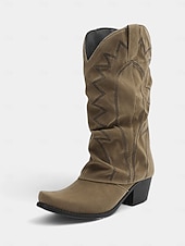halpa Cowboy &amp; Western Boots-Naisten khakiväriset cowboy-saappaat, joissa on mokkanahkaa ja matala korko, ja jotka sopivat sekä ulkoiluun että maaseudulle.