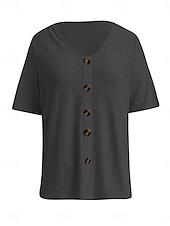 abordables Hauts en dentelle-Hauts en dentelle blancs élégants pour femmes Blouse en œillets Hauts quotidiens réguliers à manches courtes col en V Boutons Détente ample Hauts romantiques petits pour l&#039;été Vacances Blanc Rose