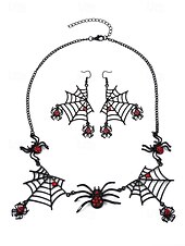 levne Halloweenské doplňky-Dámský halloweenský gotický náhrdelník a náušnice s pavučinou, černočervené krystalové šperky s hmyzem na kostýmní večírky a cosplay