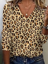 Χαμηλού Κόστους Ζώα tee-Γυναικεία Χιτώνας Μπλουζάκι Στάμπα Γραφική Λεοπάρ Συνδυασμός Χρωμάτων Βίντατζ Στυλάτο Καθημερινό Μακρυμάνικο Λαιμόκοψη V Κανονικά μπλουζάκια Καθημερινά Αθλητικά Σαββατοκύριακο Θαλασσί Χακί Φθινόπωρο