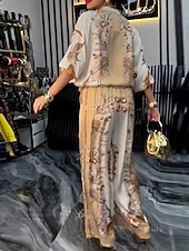 お買い得  レディースブラウススーツ-女性用 活発的 ファッション ブラウス パンツセット 長袖 スタンド フラワー ドローストリング プリント アウトドア お出かけ ブルー オレンジ グリーン 秋 レギュラー