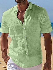  Men's Linen Shirt Summer Shirt Beach Wear Button Up Shirt Plain Vacation Curise Black White Light Green Pink Short Sleeve Turndown Summer Clothing Apparel