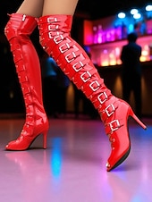 baratos Festa da Vida Noturna-Botas femininas brancas com fivela alta na coxa - botas de festa sexy com salto agulha e peep toe para mulheres, calçados da moda gótico punk para boates, apresentações de palco e festivais