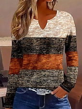 abordables T-shirt rayé et géométrique-Femmes T-shirt Graphique Géométrique Rayé ancien Élégant Classique manche longue Col en V Encolure en V Hauts Réguliers Quotidien Week-end Imprimé Marron Printemps Automne Hiver