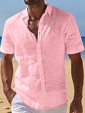  Men's Linen Shirt Summer Shirt Beach Wear Button Up Shirt Plain Vacation Curise Black White Light Green Pink Short Sleeve Turndown Summer Clothing Apparel