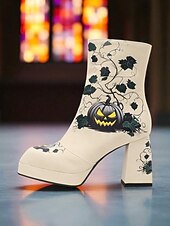levne Pro ženy-Dámské kotníkové boty na platformě na halloween – černá umělá kůže s potiskem dýně, úzké podpatky a boční zip, strašidelný gotický styl pro kostýmní večírky, tematické akce a koledování.