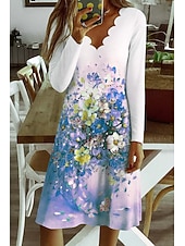 abordables Robes de Noël-Pâques Femmes Mini Robe Robe fourreau Occasionnel Boho Quotidien Coupe régulière Fleuri Graphique manche longue Col en V Bleu Violet Vert Printemps Automne Hiver