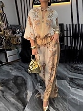 お買い得  レディースブラウススーツ-女性用 活発的 ファッション ブラウス パンツセット 長袖 スタンド フラワー ドローストリング プリント アウトドア お出かけ ブルー オレンジ グリーン 秋 レギュラー