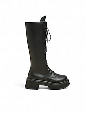 baratos Botas de combate-Botas femininas de couro sintético, cano alto, com cadarço, zíper lateral e sola plataforma grossa, calçado casual urbano