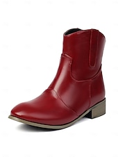 abordables Cowboy y botas occidentales-Botines de piel sintética color vino tinto para mujer: botas cortas de tacón bajo estilo western informal para el trabajo, viajes y atuendos cotidianos.
