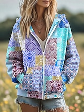 billige Blomstrete topper-Kvinners 3D Print Zip Up Hetter Blomster Grafisk Motemessig Kledelig Langermet Hetter Vanlige Topper Gate Hverdagsklær Patchwork Glidelås Lomme Gul Rosa Blå Lilla Grønn Vår Høst
