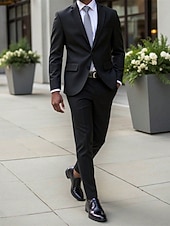 abordables Blazers Clásicos para Hombres-Hombre chaqueta Conjunto Negocio Fiesta de Cóctel Fiesta de Boda 2 Piezas Moda Casual Primavera Otoño Poliéster Plano Bolsillo Botones Cómodo Botonadura Simple Chaqueta de sport Negro