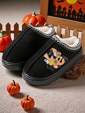 abordables Pour les femmes-Chaussons d&#039;Halloween doublés de polaire pour femmes - chaussures d&#039;intérieur confortables avec imprimé citrouille de dessin animé, semelle antidérapante douce, style automne-hiver chaud pour la maison et les cadeaux de vacances