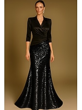 economico Abiti da Sera Sirena-abito da sera a trapezio con paillettes, elegante, formale, da sposa, lungo fino al pavimento, mezza manica, revers, in raso elasticizzato con pieghe glitterate, 2025