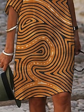 abordables robes imprimées en coton et lin-Femmes Mini Robe Robe Décontractée Robe Imprimée Mode Moderne Quotidien Plage Week-end Coupe régulière Géométrique Manche 3/4 Col fendu Orange Été Printemps Automne